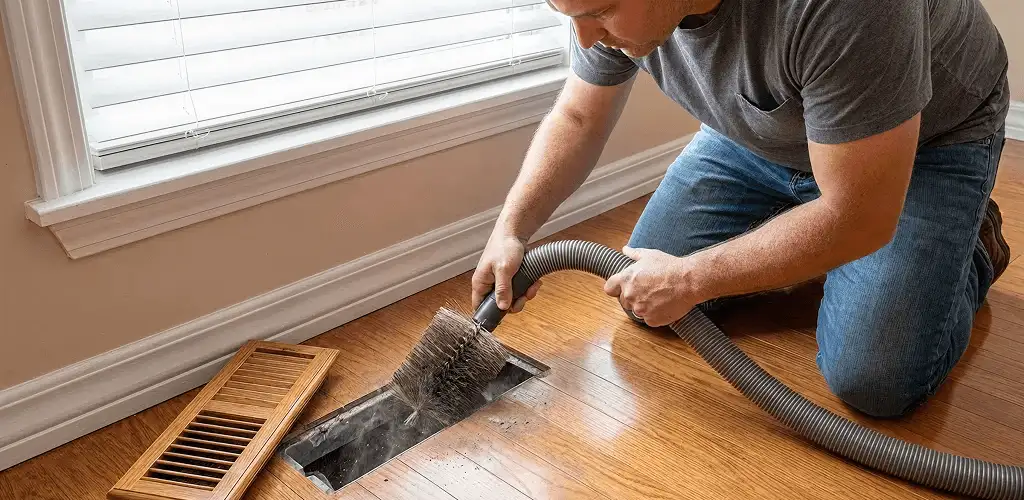Air duct cleaning technician vacuuming a floor vent and duct opening in Tulsa, OK