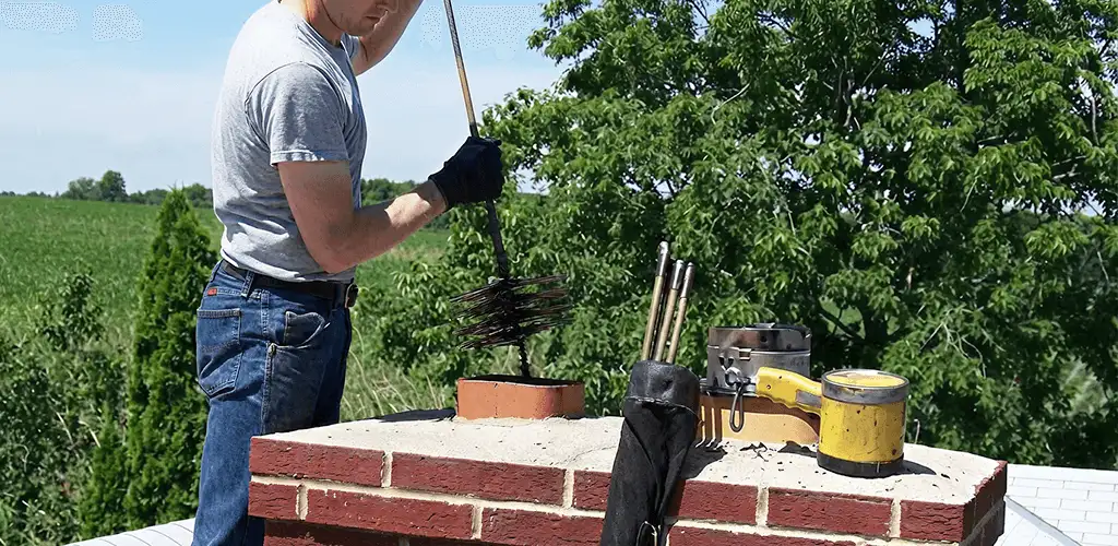 Chimney cleaning technician working on a rooftop chimney with professional tools in Tulsa, OK