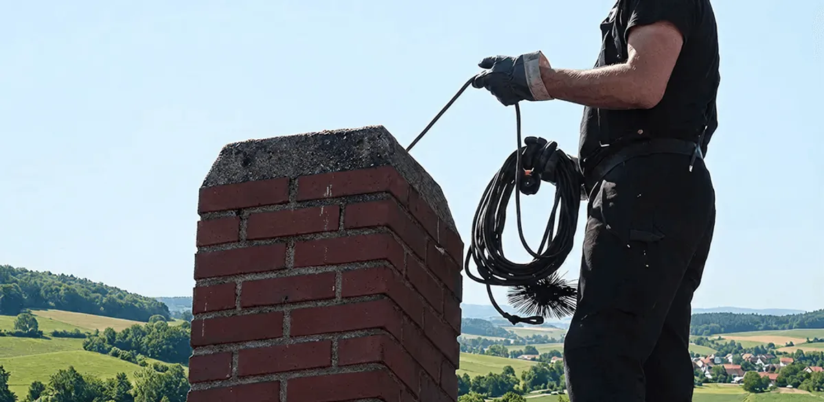 Chimney sweep inspecting and cleaning a rooftop chimney in Tulsa, OK