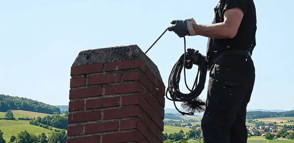 Chimney sweep inspecting and cleaning a rooftop chimney in Tulsa, OK
