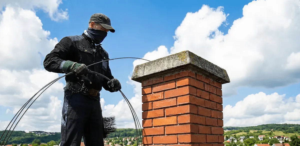 Chimney sweep cleaning a brick chimney with professional tools in Tulsa, OK