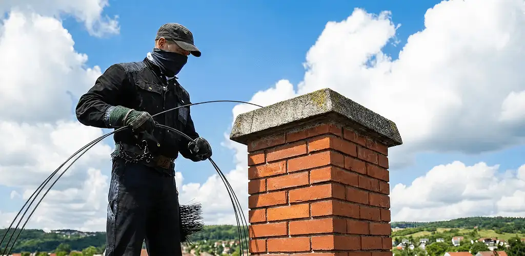 Chimney sweep cleaning a brick chimney with professional tools in Tulsa, OK