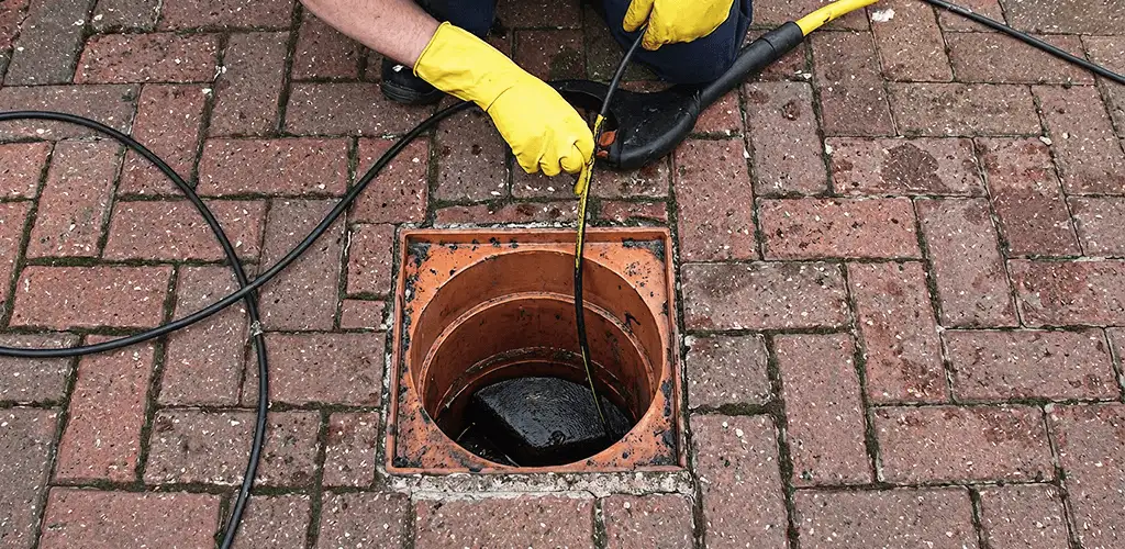 Drain cleaning technician using a drain snake to clear a clogged drain in Tulsa, OK