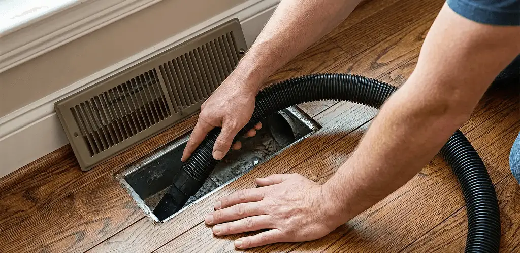 Air duct cleaning technician vacuuming a floor register and duct opening in Tulsa, OK