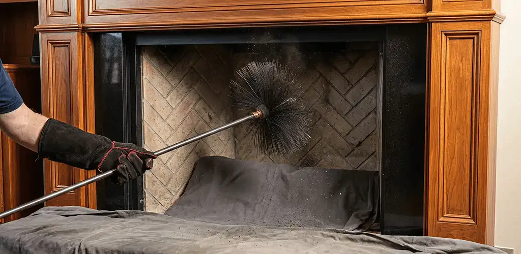 Chimney cleaning service brushing soot from a fireplace and flue in Tulsa, OK