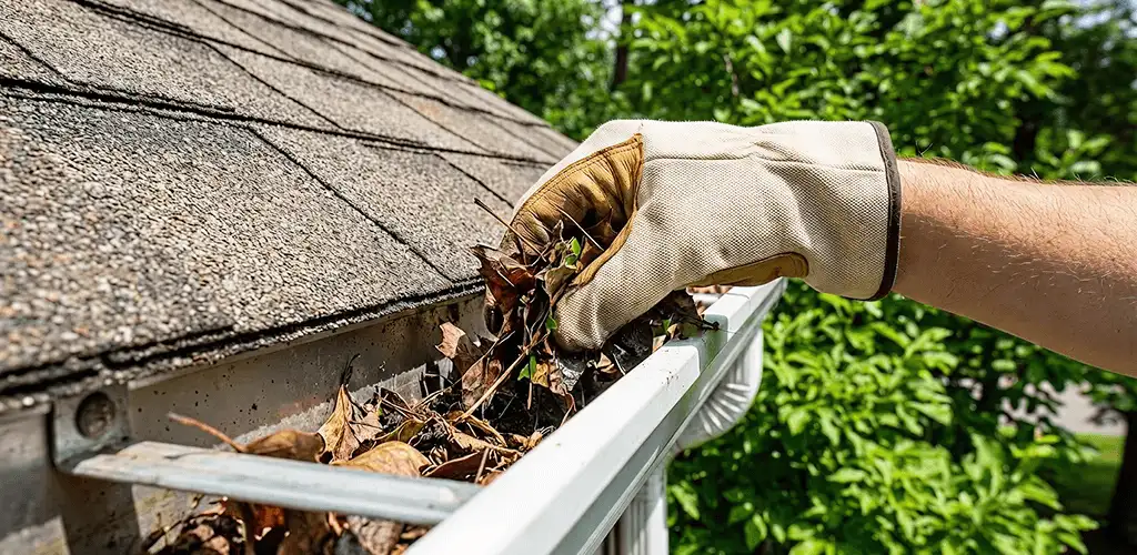 Gutter cleaning removing leaves and debris from roof gutters in Tulsa, OK