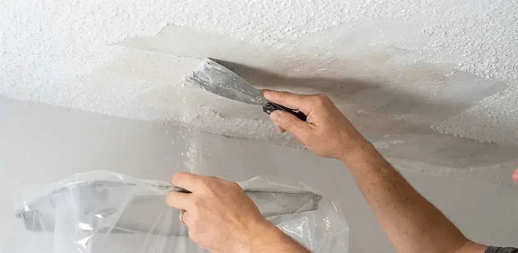 Popcorn ceiling removal technician scraping texture from a ceiling in Tulsa, OK