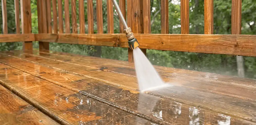 Pressure washing a wood deck to remove dirt and buildup in Tulsa, OK