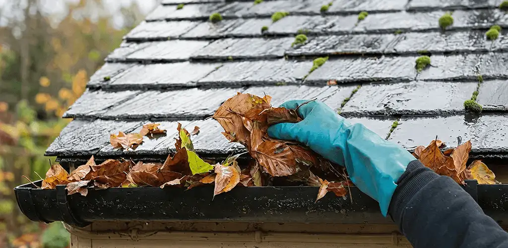 Gutter cleaning technician clearing wet leaves from roof gutters in Tulsa, OK