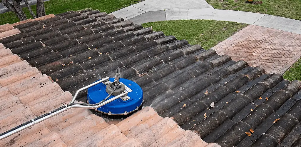 Roof pressure cleaning removing debris and buildup from roof tiles in Tulsa, OK
