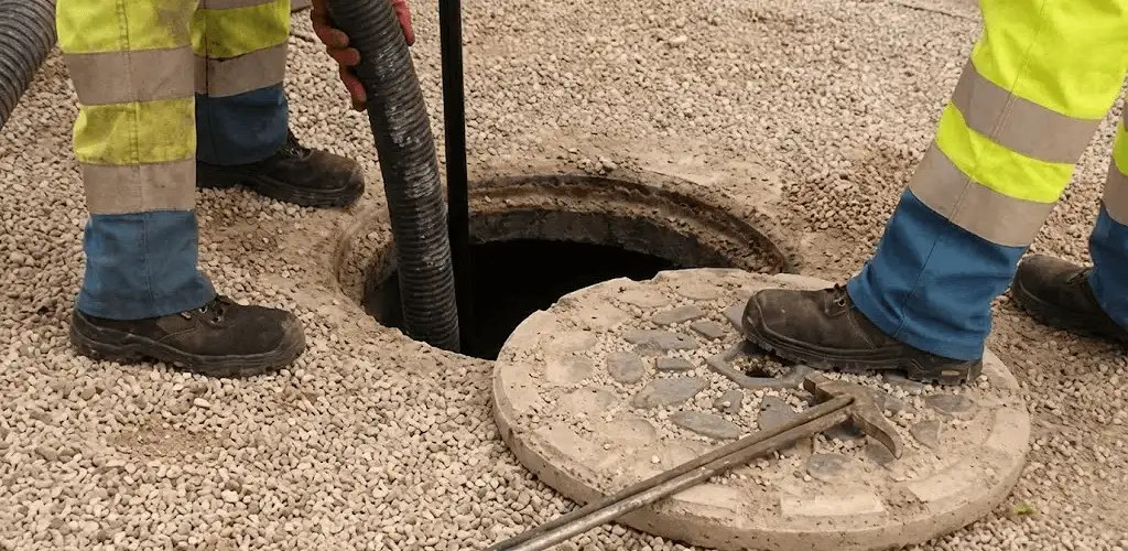 Drain cleaning crew clearing a sewer access point with professional equipment in Tulsa, OK