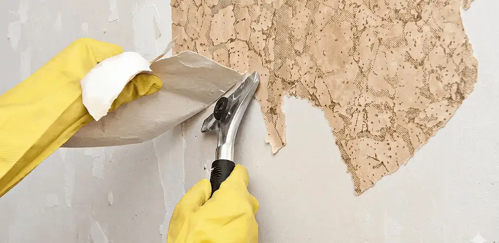 Wallpaper removal service stripping old wallpaper from a wall in Tulsa, OK